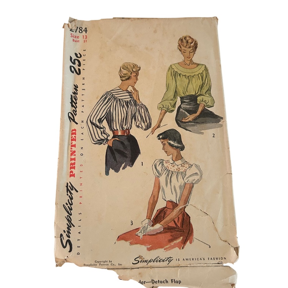 Simplicity 2784 Blouse Sewing Pattern Junior Misses Size 13 Vintage 1950s Retro
